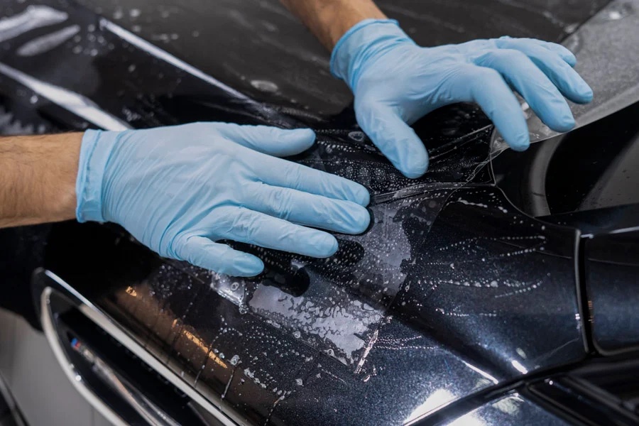 hands in gloves pressing clear film on car surface